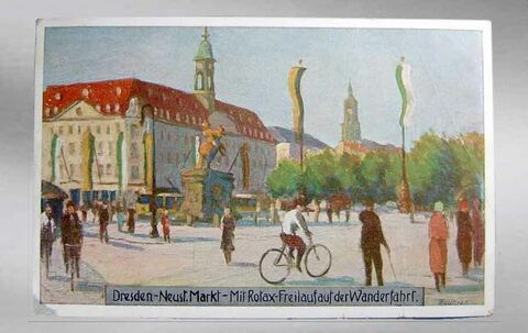 Picture postcard of Dresden with bicycle motif  (Unternehmensarchiv BRP-Rotax, Gunskirchen; siehe auch Sammlungsbestand Fahrrad-Veteranen-Freunde-Dresden 1990 e.V.)