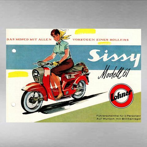 Publicidad para Lohner Sissy – El primer ciclomotor-scooter austríaco de dos asientos con un motor  Rotax (Unternehmensarchiv BRP-Rotax, Gunskirchen)