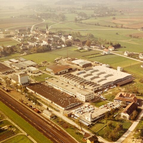 Aerial view of company site with farm, 1968 (BRP Rotax)