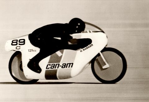 In 1973, US rider Bob Barker sets a world speed record of 222.1 km/h for single cylinder 125cc motorcycles, with the Rotax engine in a Can-Am chassis at Salt Lake in Bonneville, Utah. (Copyright: Archives, Museum of Ingenuity J. Armand Bombardier)